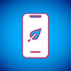 White Smartphone, mobile phone with leaf icon isolated on blue background. Vector