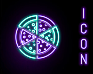 Glowing neon line Pizza icon isolated on black background. Colorful outline concept. Vector