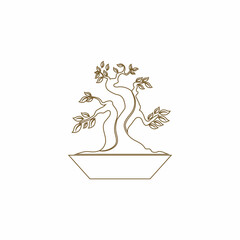Oriental Bonsai Art, Japanese Mini Small Plant Tree on Pot Silhouette logo design vector