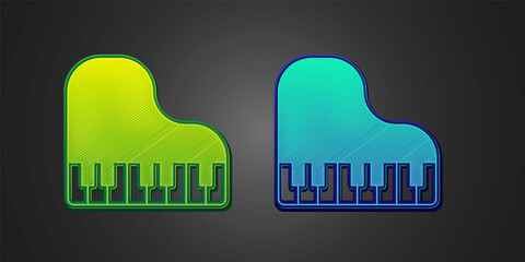 Green and blue Grand piano icon isolated on black background. Musical instrument. Vector