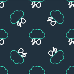 Obraz premium Line Cloud with rain and lightning icon isolated seamless pattern on black background. Rain cloud precipitation with rain drops.Weather icon of storm. Vector