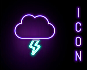 Glowing neon line Storm icon isolated on black background. Cloud and lightning sign. Weather icon of storm. Colorful outline concept. Vector