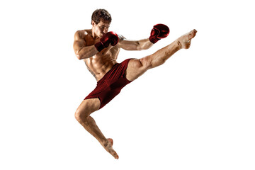Full length of male boxer who perform muay thai martial arts on white background. Sport concept