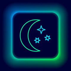 Glowing neon line Moon and stars icon isolated on black background. Colorful outline concept. Vector