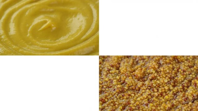 American mustard and French dijon mustard rotation. Different types of mustard. Most popular sauce. 4K UHD video