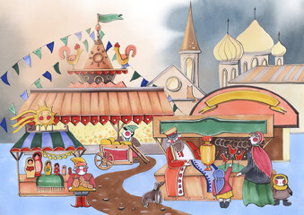 illustration postcard early spring carnival pancakes holiday fair russian gifts and food ancient streets and people with children