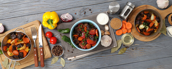 Concept of tasty food with beef with vegetables, top view