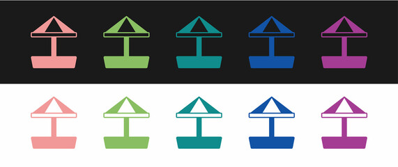 Set Sandbox for kids with sand and umbrella icon isolated on black and white background. Vector