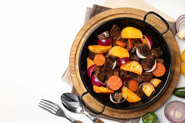 Concept of tasty food with beef with vegetables, space for text