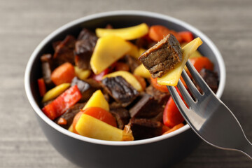 Concept of tasty food with beef with vegetables, close up