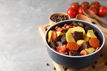 Concept of tasty food with beef with vegetables, space for text