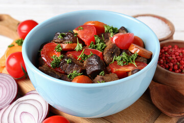Concept of tasty food with beef with vegetables, close up