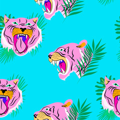 Fototapeta premium Seamless pattern with colorful tiger and palm leaf. Editable vector illustration.
