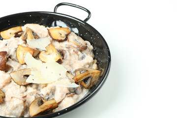 Plate with risotto with mushrooms isolated on white background