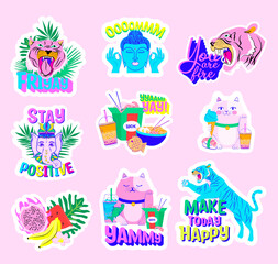 Collection of colorful Asian stickers with positive quotes. Editable vector illustration.