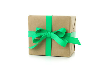 Gift box with green ribbon isolated on white background