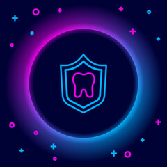 Naklejka na ściany i meble Glowing neon line Dental protection icon isolated on black background. Tooth on shield logo. Colorful outline concept. Vector