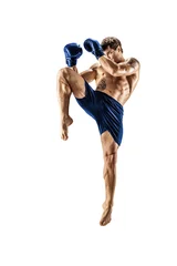 Fotobehang Full length of male kickboxer in blue sportswear on white background. muscular athlete fighting © zamuruev