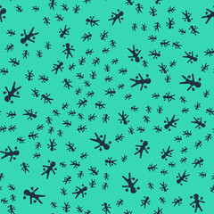 Black Voodoo doll icon isolated seamless pattern on green background. Vector