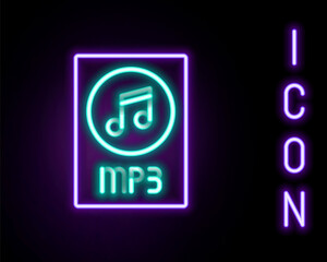 Glowing neon line MP3 file document. Download mp3 button icon isolated on black background. Mp3 music format sign. MP3 file symbol. Colorful outline concept. Vector