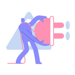 Modern character holding big plug. Startup big successful business standing. merge, connect or disconnect concept. Business Concept illustration with man taking part in business activities