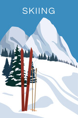Vintage Mountain winter resort Alps, with wooden old fashioned skis and poles. Snow landscape peaks, slopes. Travel retro poster
