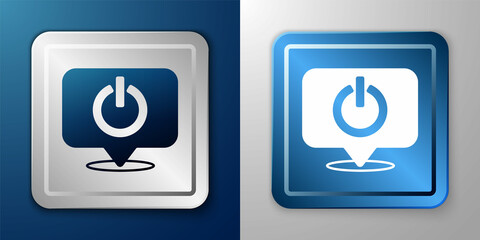 White Power button icon isolated on blue and grey background. Start sign. Silver and blue square button. Vector