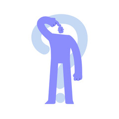 Flat modern character puzzled by the question. looking answers, solving problems, feeling concerned puzzled lost in thoughts. Business Concept illustration with man taking part in business activities