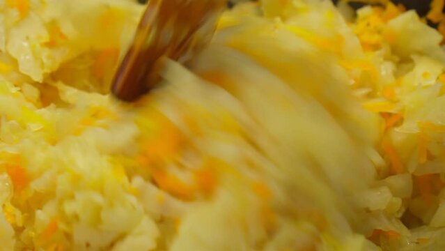 Stewed cabbage with carrots most popular dishes. Homemade food. Selective focus