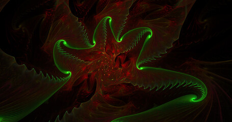 Obraz premium Abstract green and red glowing shapes. Fantasy light background. 3d rendering.