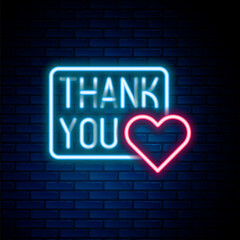 Glowing neon line Thank you with heart icon isolated on brick wall background. Handwritten lettering. Colorful outline concept. Vector