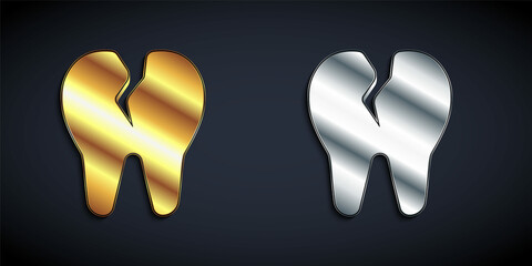 Gold and silver Broken tooth icon isolated on black background. Dental problem icon. Dental care symbol. Long shadow style. Vector