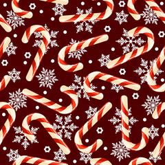 Seamless caramel cane background. Christmas candy on a dark brown background with white snowflakes. Vector illustration isolated for design and web.