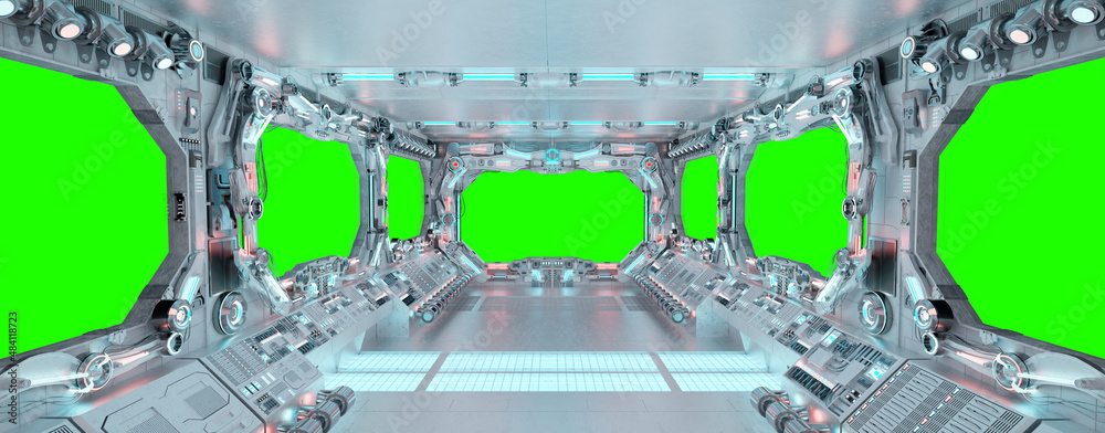 Aufkleber White spaceship interior with isolated window. Futuristic spacecraft with glowing blue and red control panels and empty view. 3D rendering