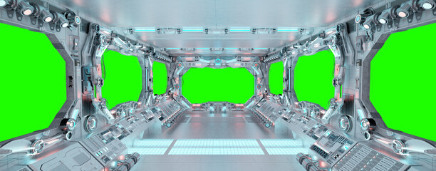 White spaceship interior with isolated window. Futuristic spacecraft with glowing blue and red control panels and empty view. 3D rendering © sdecoret
