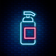 Glowing neon line Bottle of liquid antibacterial soap with dispenser icon isolated on brick wall background. Antiseptic. Disinfection, hygiene, skin care. Colorful outline concept. Vector
