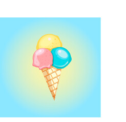 Ice cream illustration with three scoops and crispy waffle cone