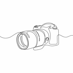 The Artists Continuous one simple single abstract line drawing of pro digital camera icon in silhouette on a white background. Linear stylized.