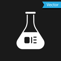 White Test tube and flask chemical laboratory test icon isolated on black background. Laboratory glassware sign. Vector Illustration