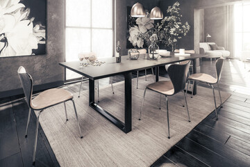 Table Group Inside a Loft Apartment - black and white  3D Visualization