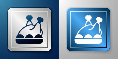 White Roasted turkey or chicken icon isolated on blue and grey background. Merry Christmas and Happy New Year. Silver and blue square button. Vector