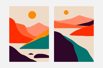Minimalist abstract mountain landscape. Modern contemporary hand drawn boho nature scenery posters. Vector illustration