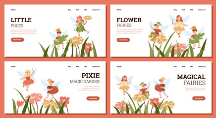 Landing pages collection with cute flying pixies or fairies - flat vector illustration.