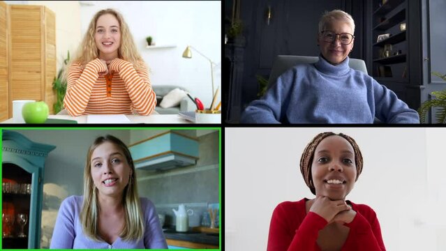 Women talking and smiling, sitting at tables during online call on screens spbas spbi akspb rbbro. Front view on 4 displays old, young females discuss and look with smiles, gesture with hands and sit