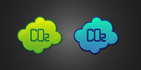 Green and blue CO2 emissions in cloud icon isolated on black background. Carbon dioxide formula, smog pollution concept, environment concept. Vector