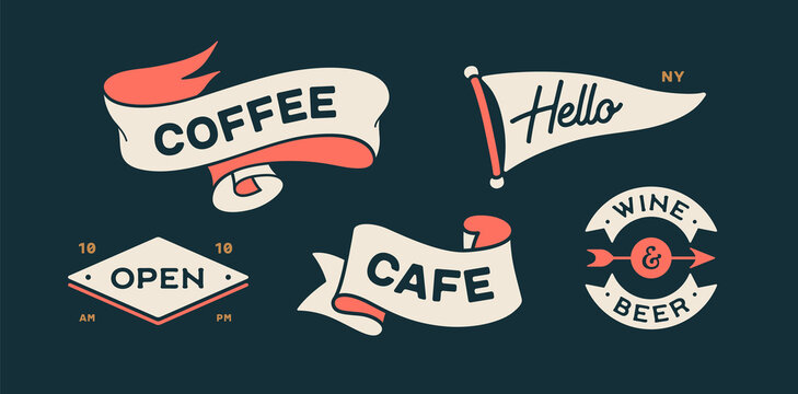 Vintage graphic set. Ribbon, flag, arrow, board with text Coffee, Hello, Cafe, Open. Set of ribbon banner and retro graphic. Isolated vintage old school set shapes. Vector Illustration