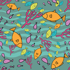 Seamless pattern doodle style, cute group of fishes swimming in the water on wave background