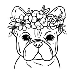 French bulldog black and white hand drawn portrait. Bulldog with wreath of flowers. Crown of flowers. French bulldog face in line. Dog head. Cute muzzle French Bulldog.