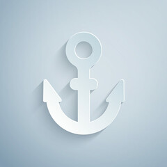Paper cut Anchor icon isolated on grey background. Paper art style. Vector