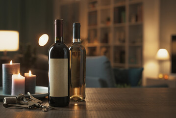 Luxury wine bottles on the table at home